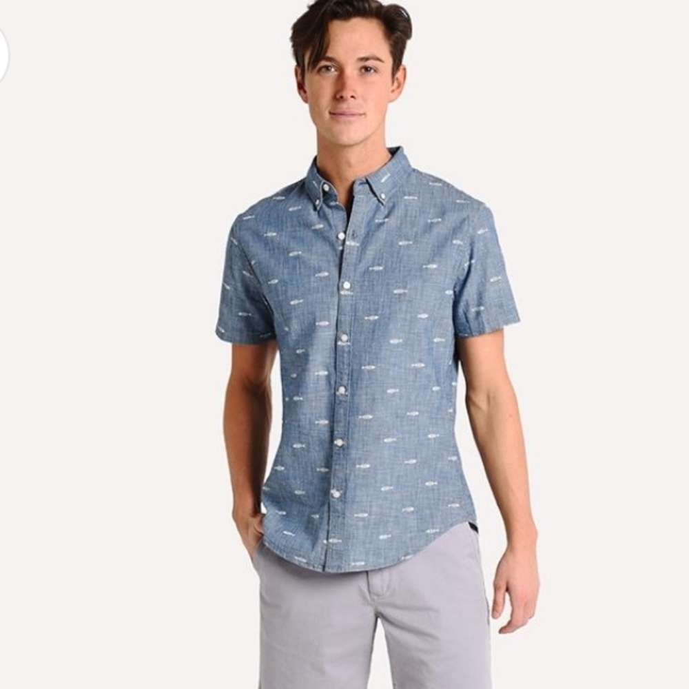 Bonobos - Riviera Slim Fit Print Sport Shirt In Chambray Sardeen -XL - Picture 6 of 12